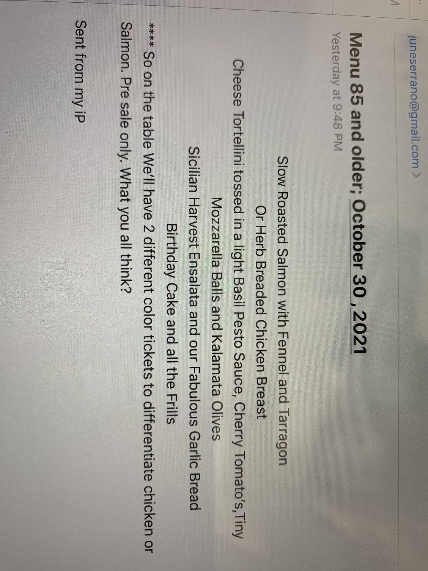 Elegant dinner menu with salmon and pasta courses